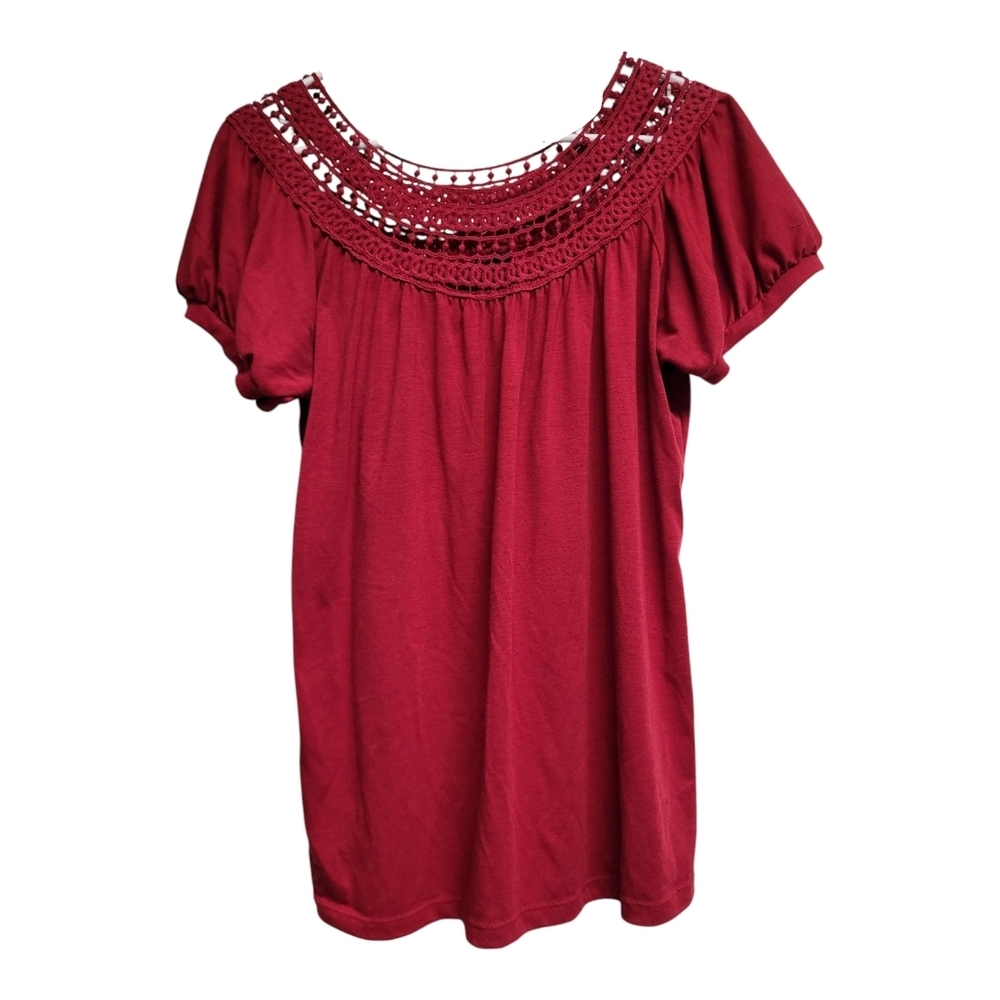 Agenda Red Crochet Neck Short Sleeve Top - Size L